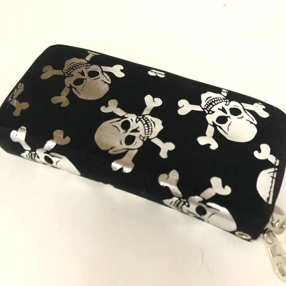Black And White Skull Long Thick Bifold Wallet, 8x4x1.5”, 2 Compartment Dual Zip